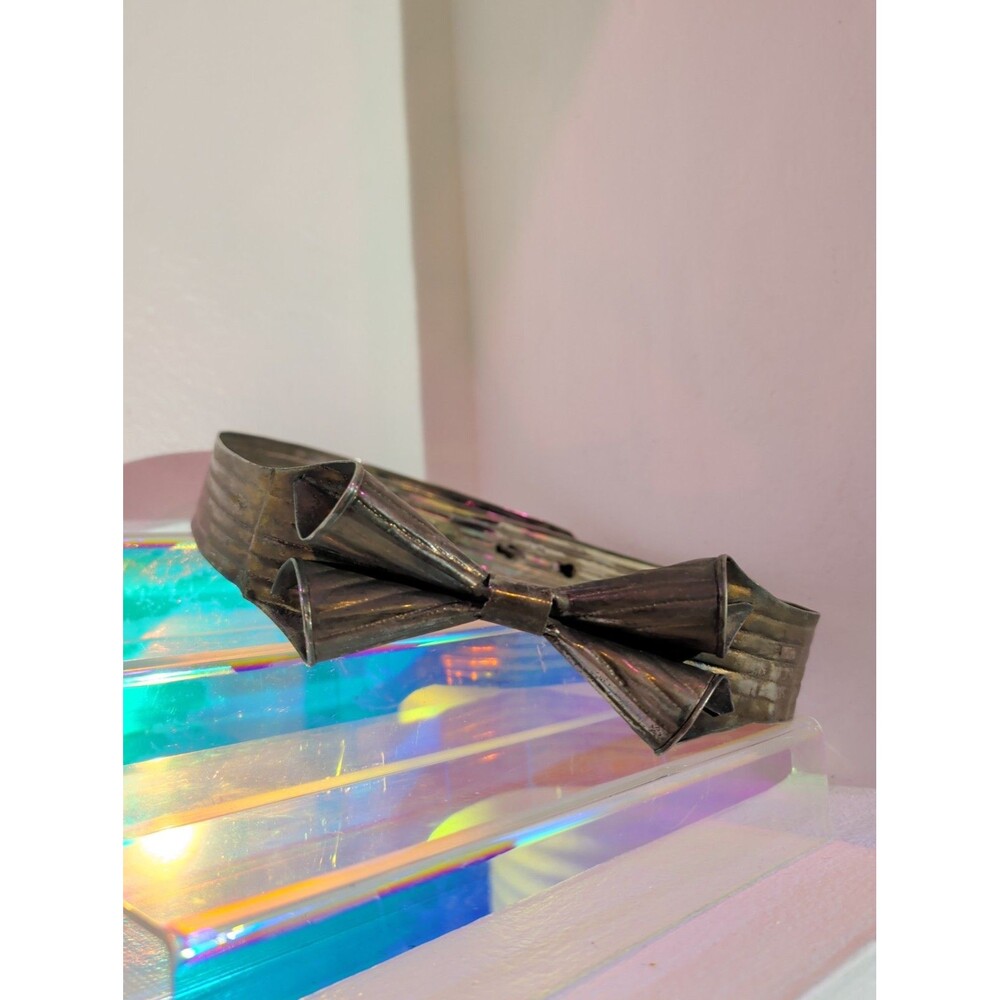 Vintage Silver Tone Aluminum Metal Bow Belt Adjustable Statement Waist Belt
